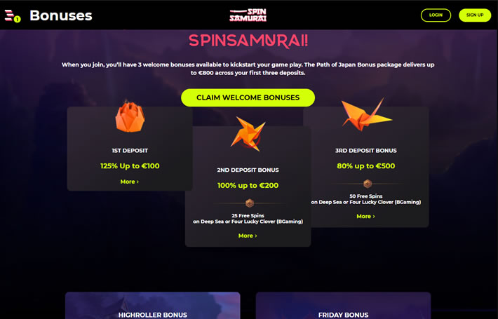 Spin Samurai Casino Bonus Page