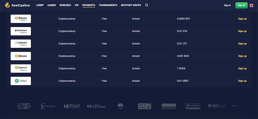 Joo casino crypto payment options
